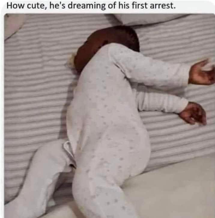 Chaotic Meh meme titled “How Cute, He’s Dreaming of His First Arrest.”