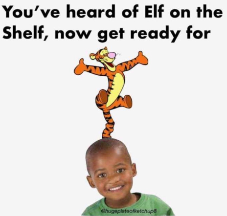 Chaotic Meh meme titled “You’ve Heard of Elf on the Shelf, Now Get Ready for Tigger on a….”