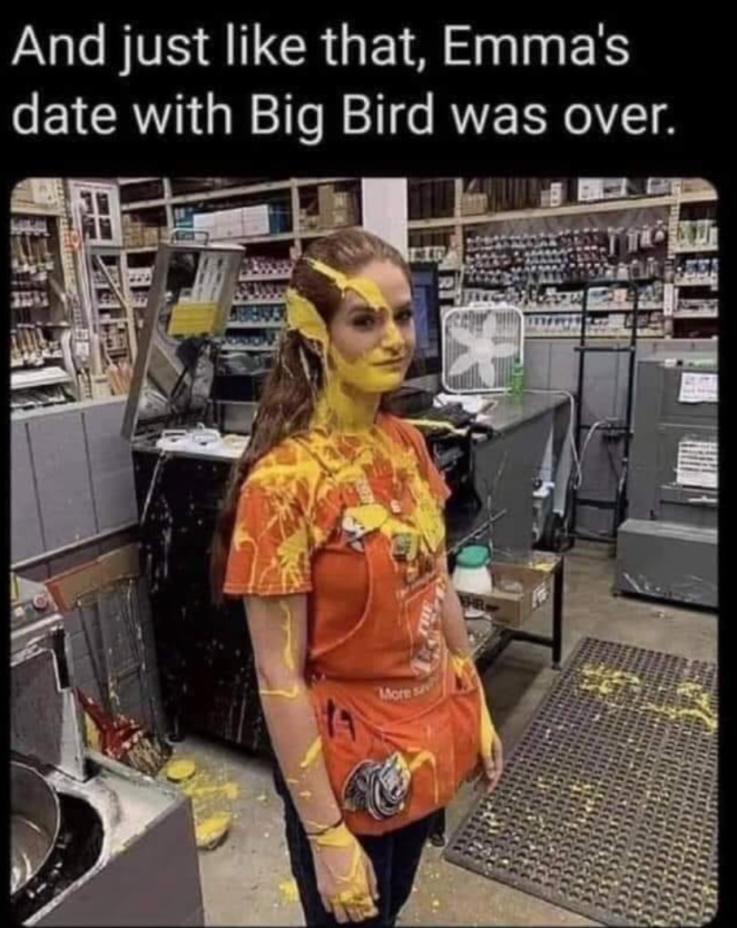 Chaotic Meh meme titled “Emma’s Date With Big Bird.”
