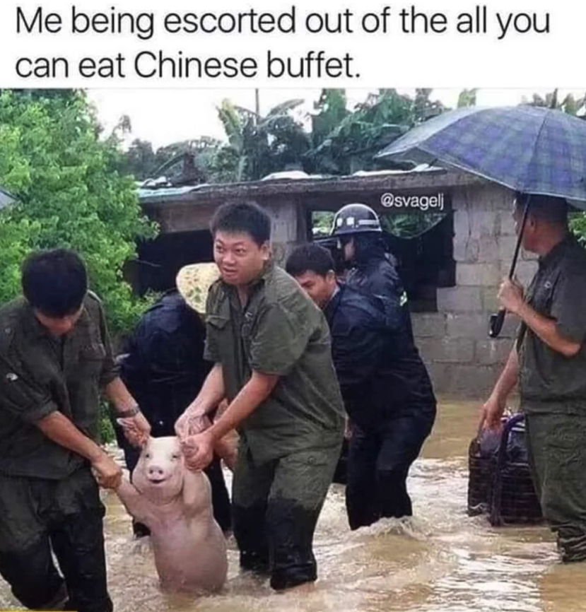Chaotic Meh meme titled “Escorted Out of the All You Can Eat Chinese Buffet.”