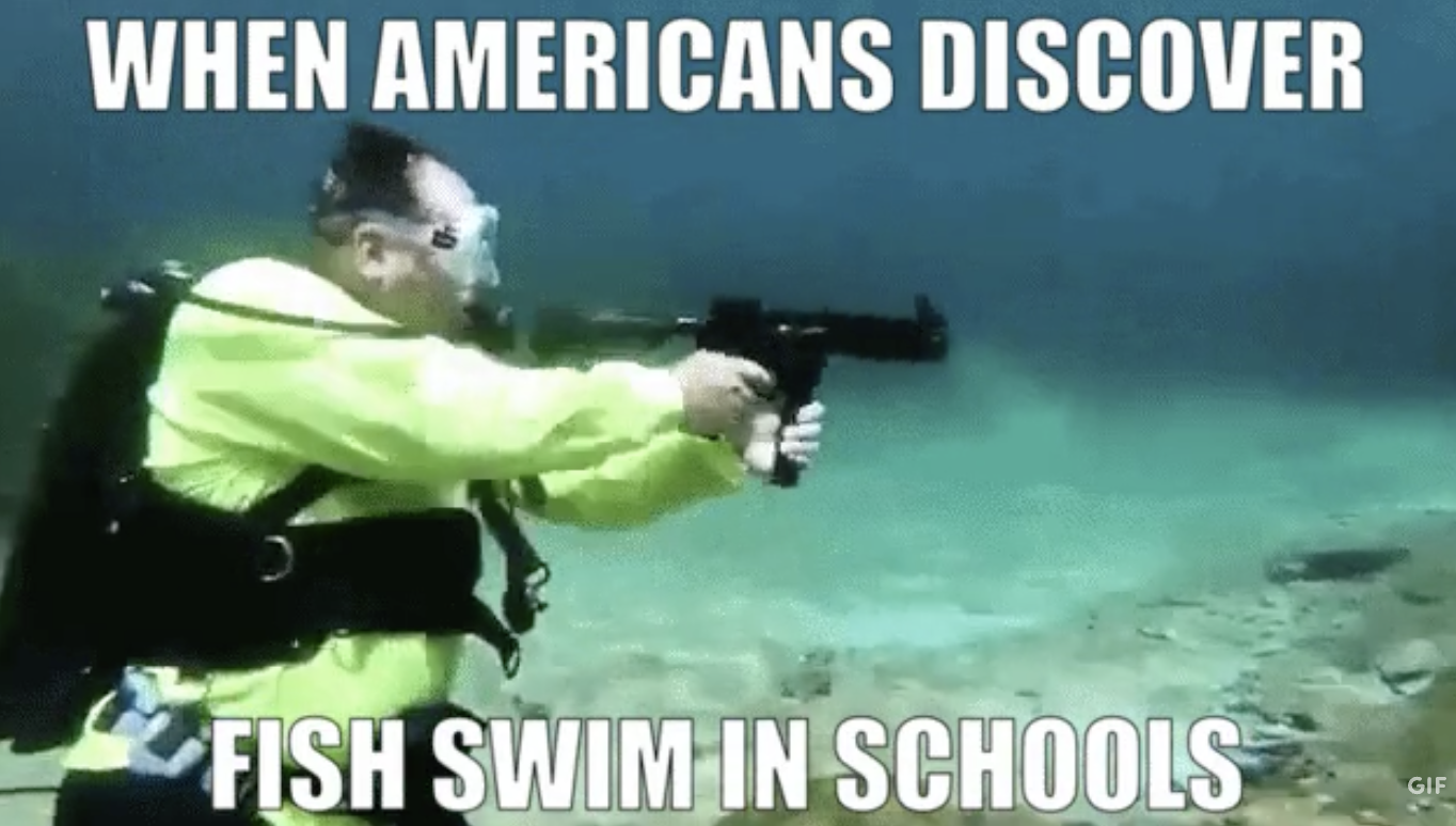 Chaotic Meh meme titled “Fish Swim in Schools.”
