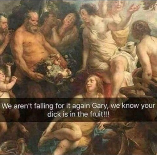 Chaotic Meh meme titled “Garys Dick In Fruit.”