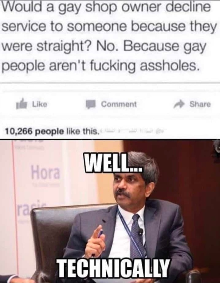 Chaotic Meh meme titled “Gay People Aren’t Fucking Assholes – Technically.”