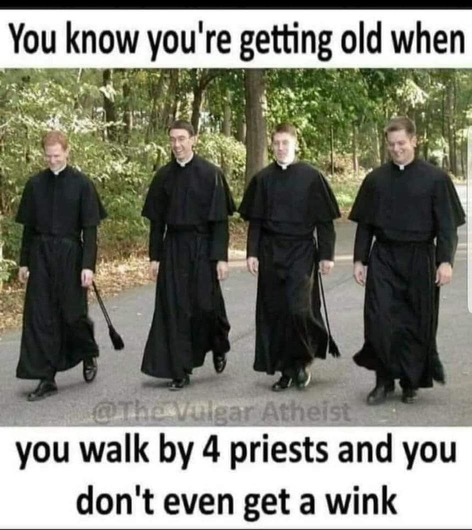 Chaotic Meh meme titled “You Know You’re Getting Old When You Walk By 4 Priests and Don’t Even Get a Wink.”