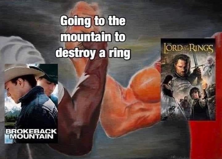 Chaotic Meh meme titled “Going to the Mountain to Destroy a Ring – Brokeback Mountain / Lord of the Rings.”