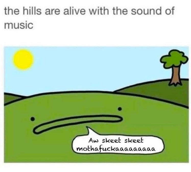 Chaotic Meh meme titled “Hills Alive Skeet Skeet.”