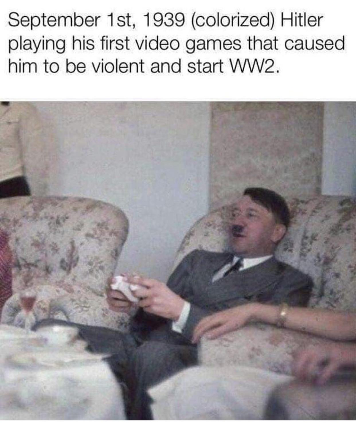Chaotic Meh meme titled “Hitler Video Games.”