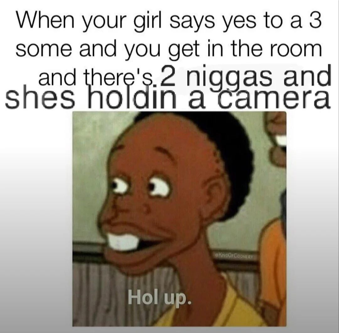 Chaotic Meh meme titled “Hol Up Threesome.”