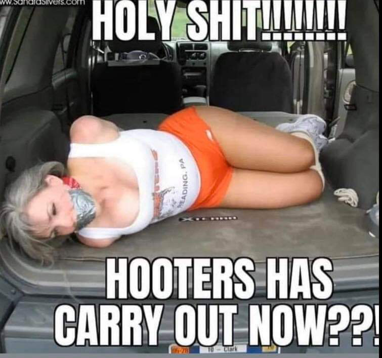 Chaotic Meh meme titled “HOOTERS Has Carry Out Now.”