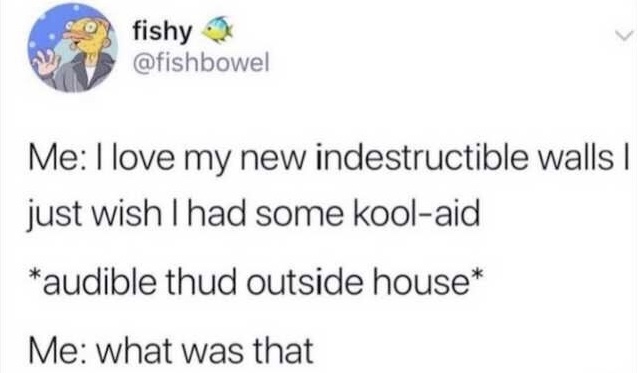 Chaotic Meh meme titled “Indestructible Walls Kool-Aid.”