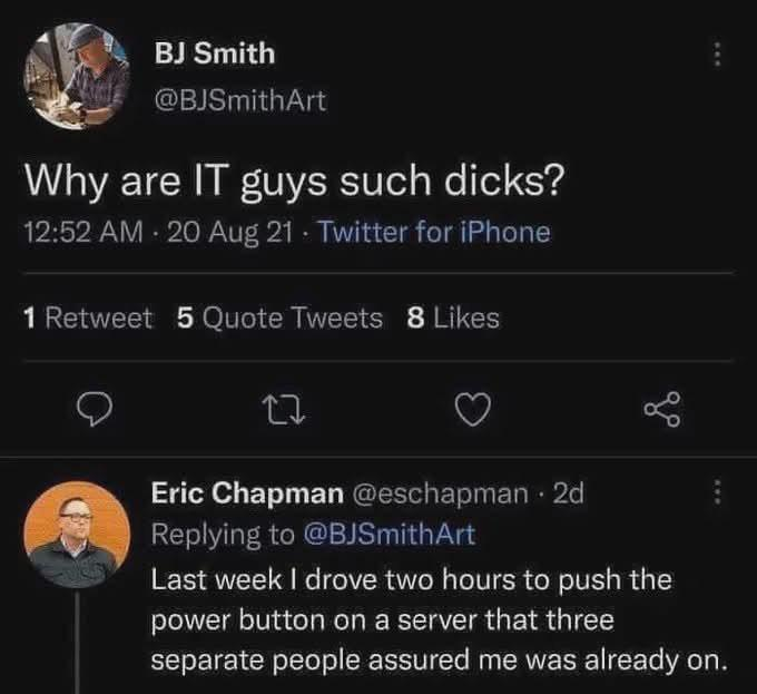 Chaotic Meh meme titled “IT Guys Such Dicks.”
