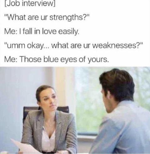 Chaotic Meh meme titled “Blue Eyes Job Interview.”