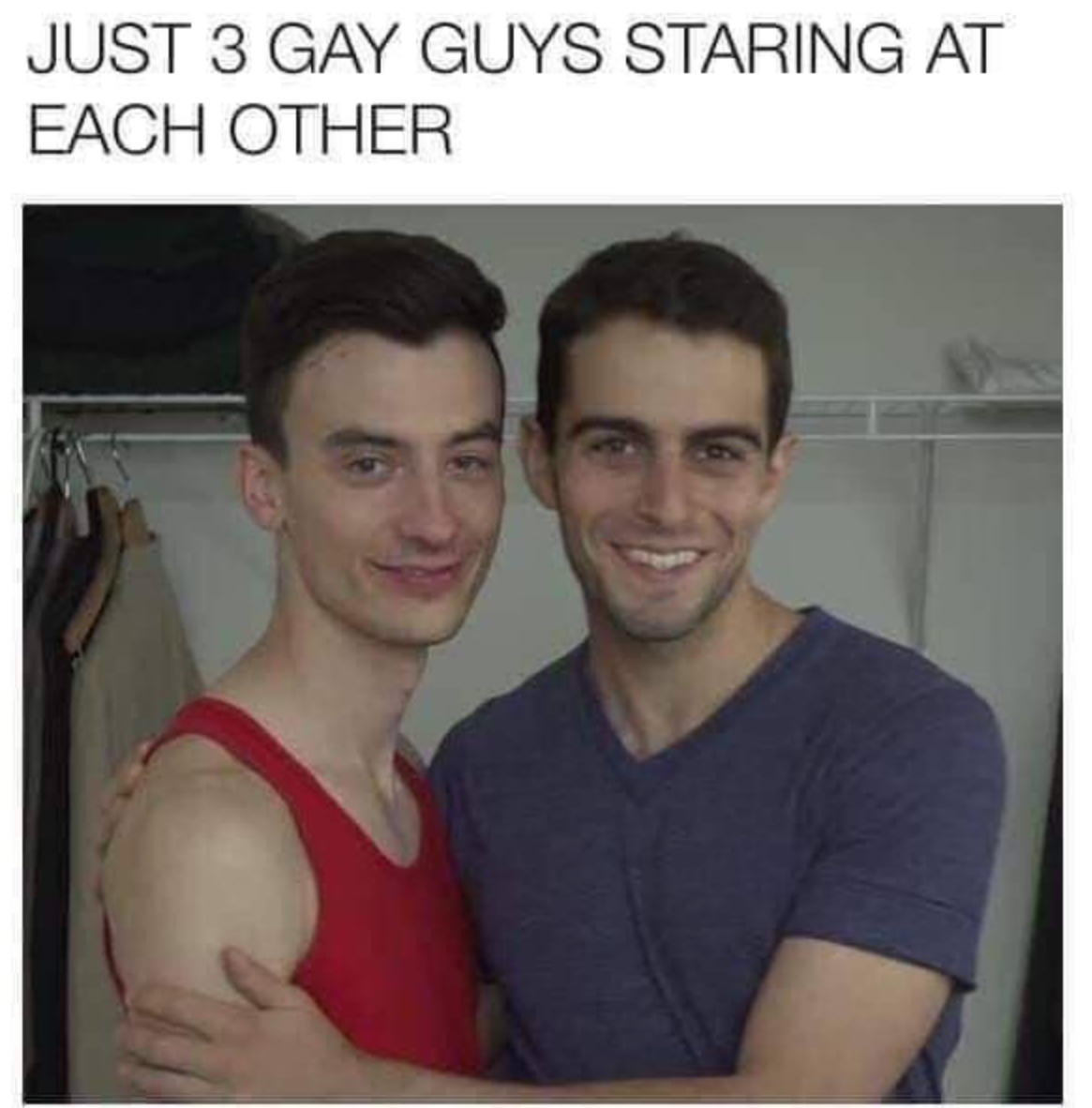 Chaotic Meh meme titled “Just 3 Gay Guys Staring at Each Other.”