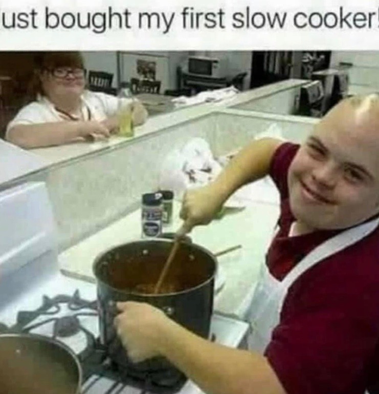 Chaotic Meh meme titled “Just Bought My First Slow Cooker.”