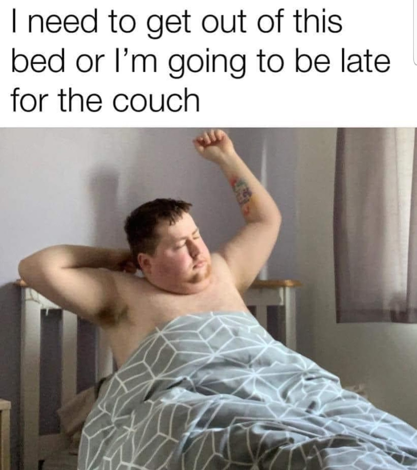 Chaotic Meh meme titled “Late For The Couch.”