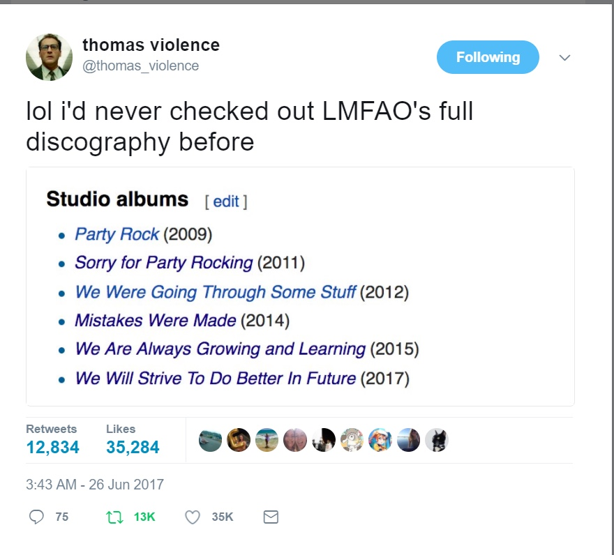 Chaotic Meh meme titled “LMFAO Discography.”