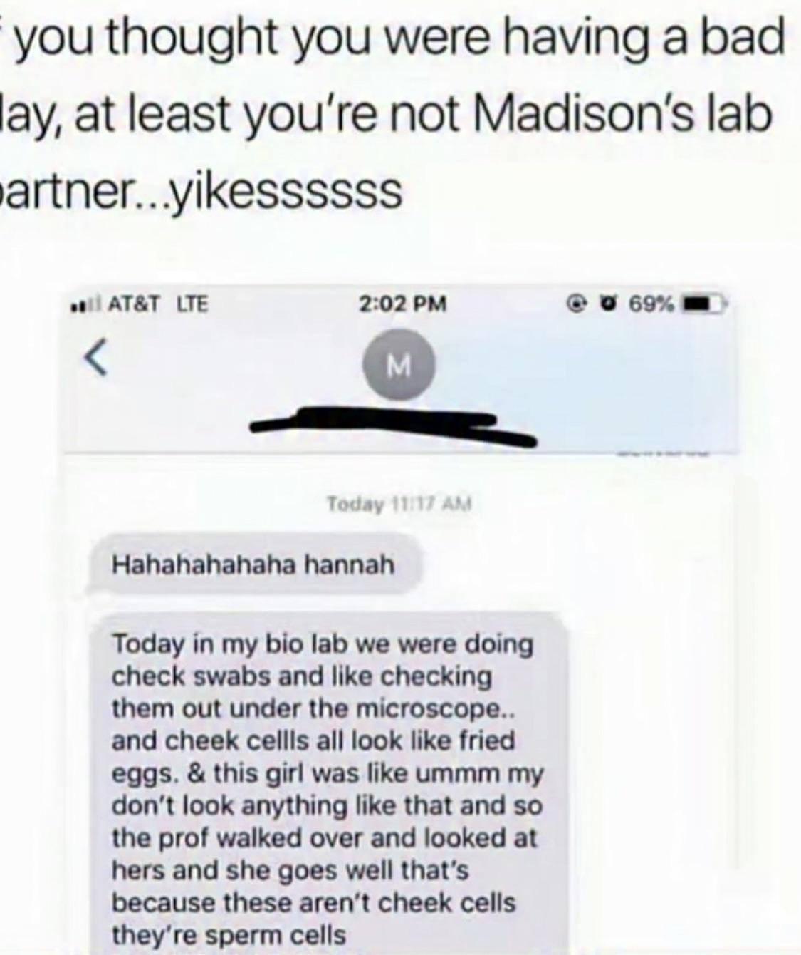 Chaotic Meh meme titled “Madison’s Lab Partner.”