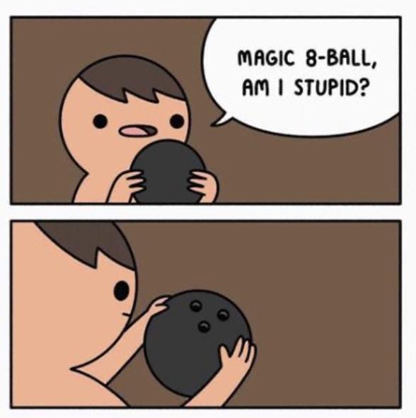Chaotic Meh meme titled “Magic 8 Ball Stupid.”