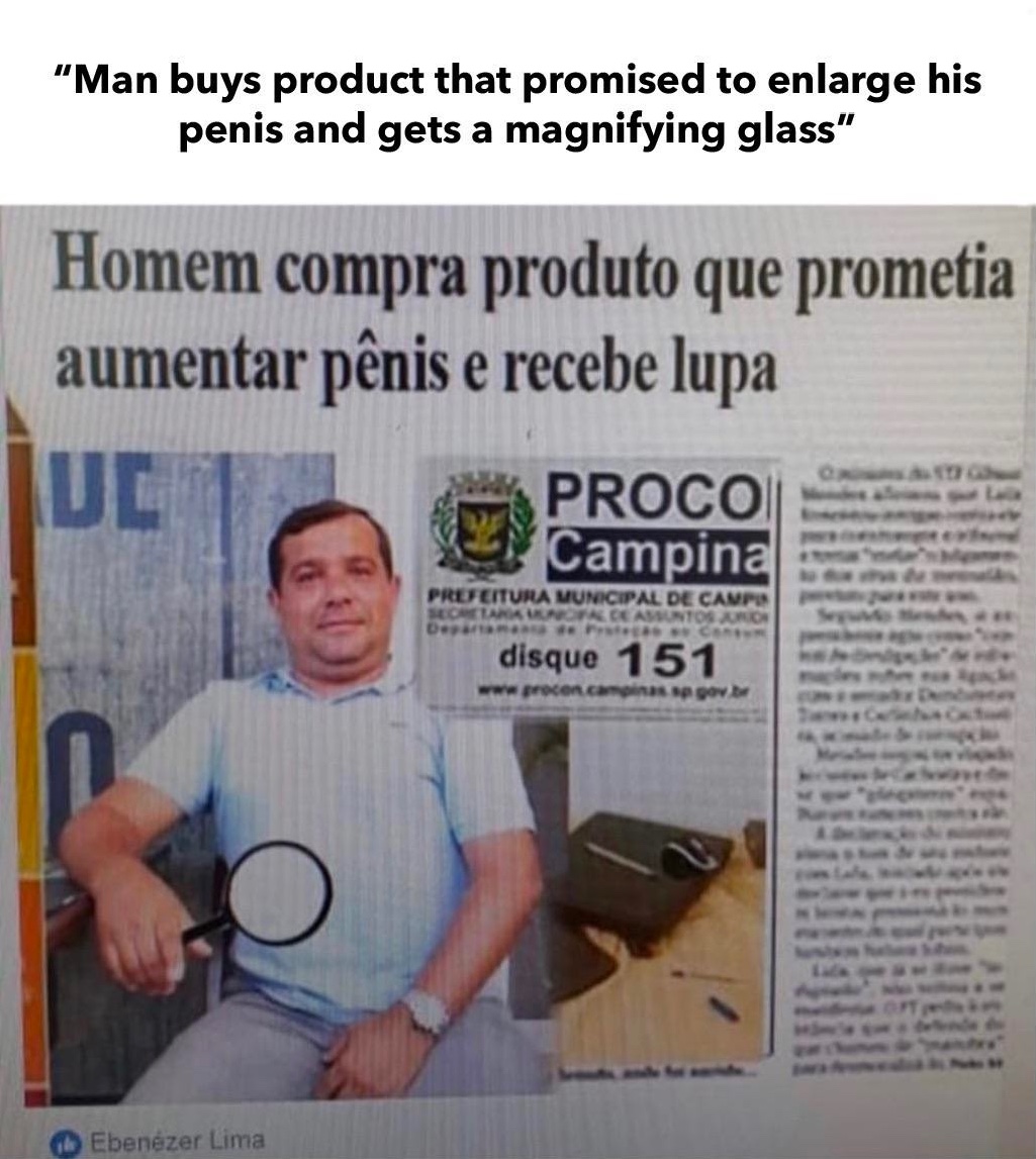 Chaotic Meh meme titled “Magnifying Glass Penis Enlarger.”