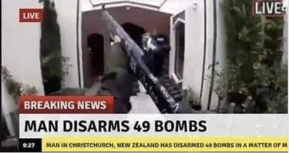 Chaotic Meh meme titled “Man Disarms 49 Bombs – Christchurch New Zealand.”