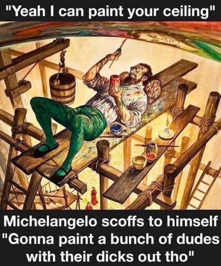 Chaotic Meh meme titled “Michelangelo Dicks Out.”