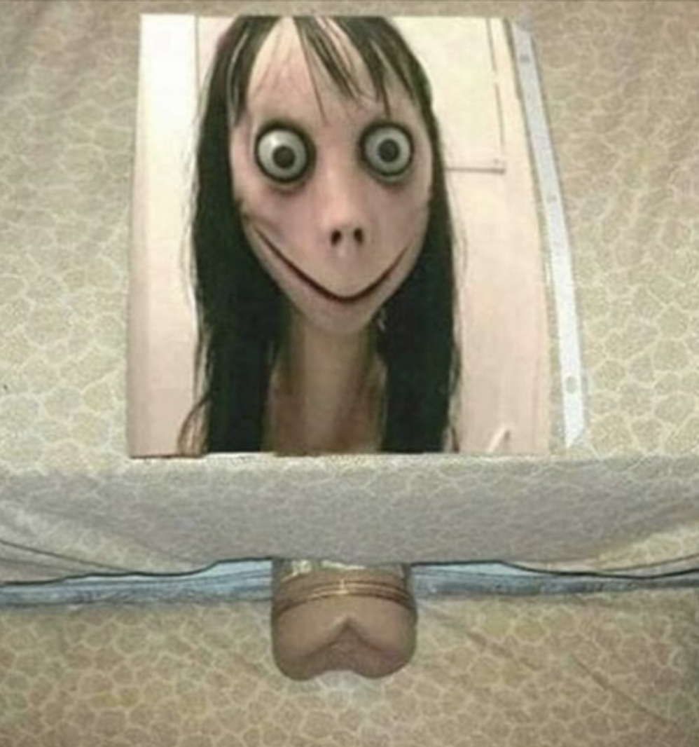Chaotic Meh meme titled “Momo Bathroom Optical Illusion.”