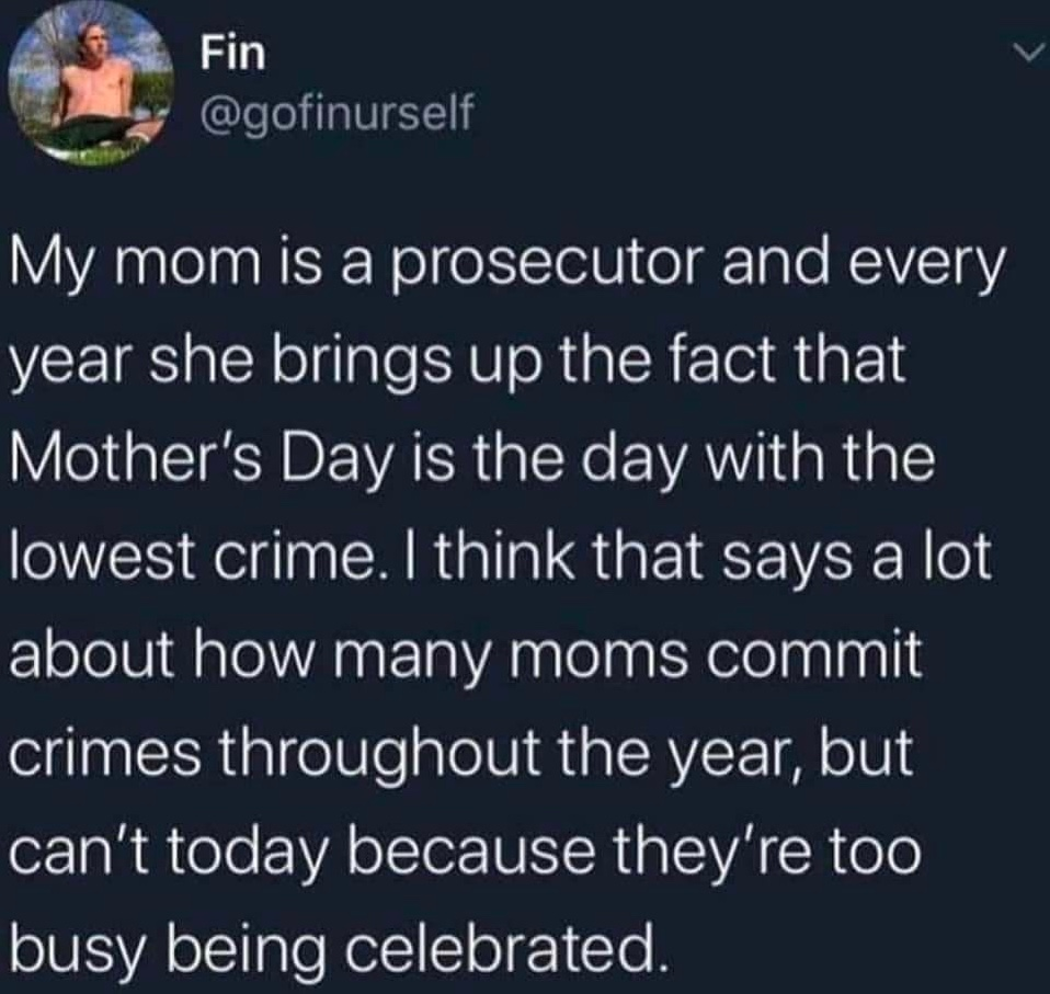 Chaotic Meh meme titled “Mothers Day Lowest Crime.”