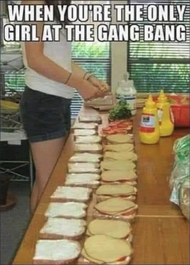 Chaotic Meh meme titled “Only Girl At The Gang Bang.”