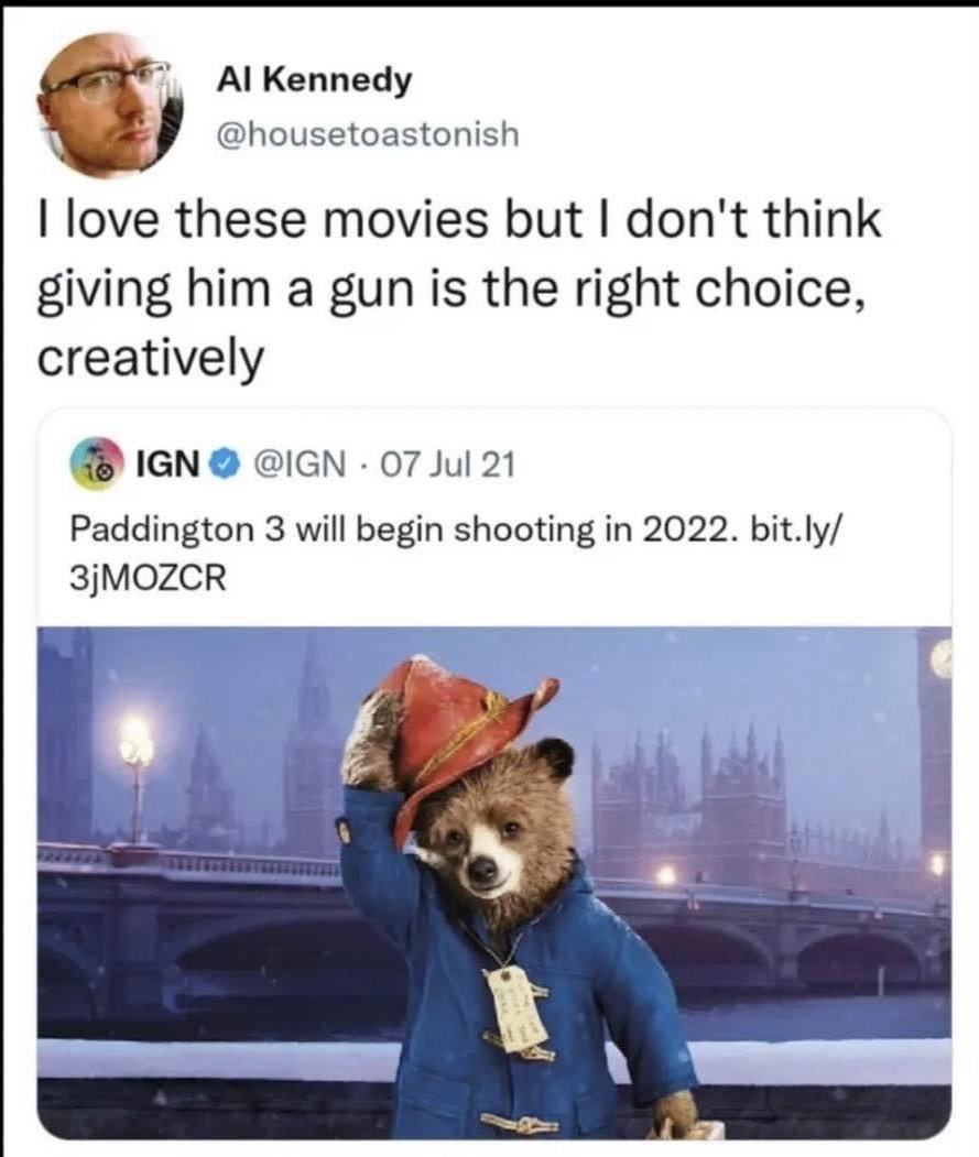 Chaotic Meh meme titled “I Don’t Think Giving Him a Gun Is the Right Choice Creatively – Paddington 3.”