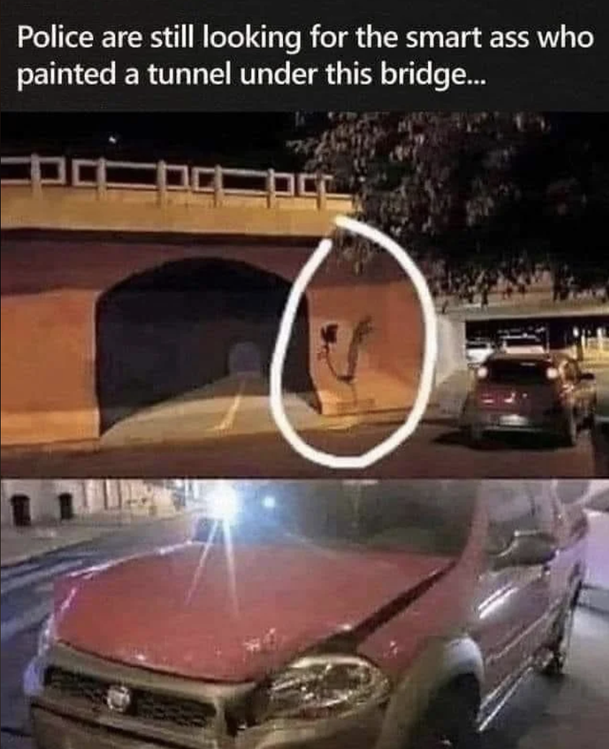Chaotic Meh meme titled “Painted Tunnel Bridge.”