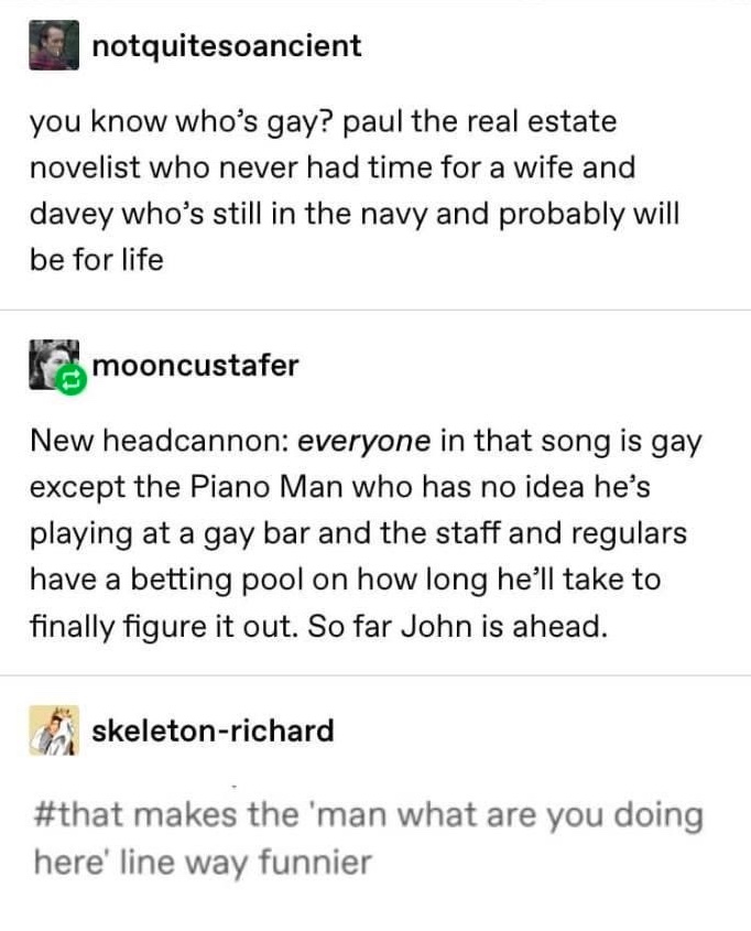 Chaotic Meh meme titled “Piano Man Gay Bar.”