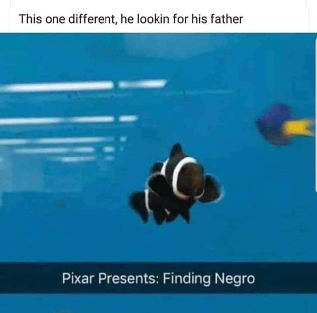 Chaotic Meh meme titled “Pixar Presents: Finding Negro.”