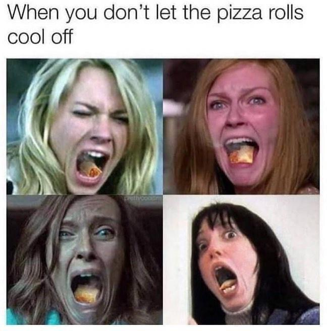 Chaotic Meh meme titled “Pizza Rolls Cool Off.”