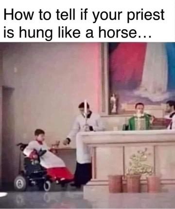 Chaotic Meh meme titled “How to Tell If Your Priest Is Hung Like a Horse.”