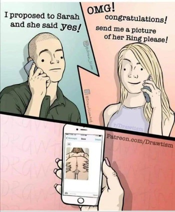 Chaotic Meh meme titled “I Proposed to Sarah and She Said Yes – Send Me a Picture of Her Ring.”