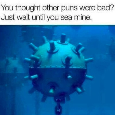 Chaotic Meh meme titled “Sea Mine Pun.”