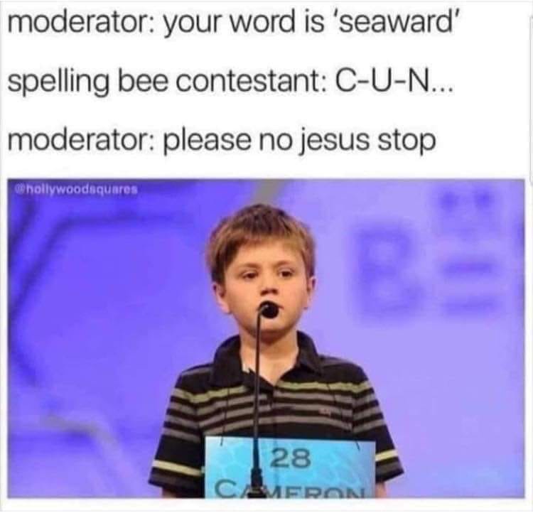 Chaotic Meh meme titled “Your Word Is Seaward – C-U-N… Please No Jesus Stop.”