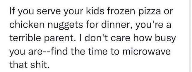 Chaotic Meh meme titled “If You Serve Your Kids Frozen Pizza You’re a Terrible Parent – Find the Time to Microwave T…