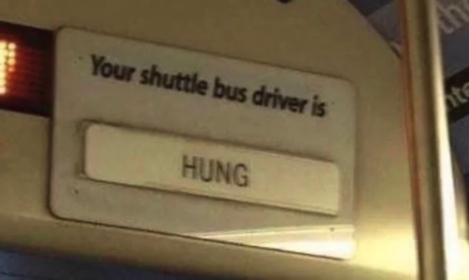 Chaotic Meh meme titled “Your Shuttle Bus Driver Is HUNG.”