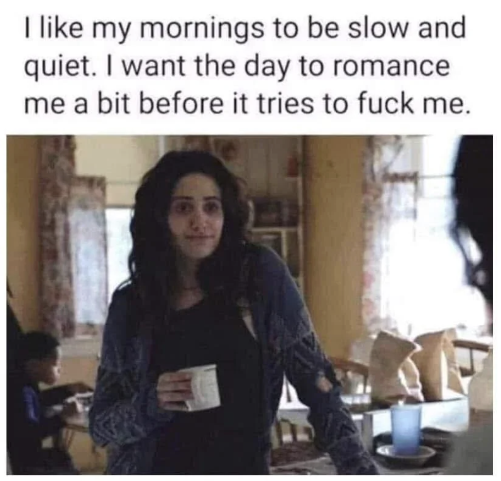 Chaotic Meh meme titled “Slow Morning Romance.”