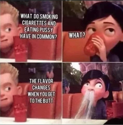 Chaotic Meh meme titled “What Do Smoking Cigarettes and Eating Pussy Have in Common.”