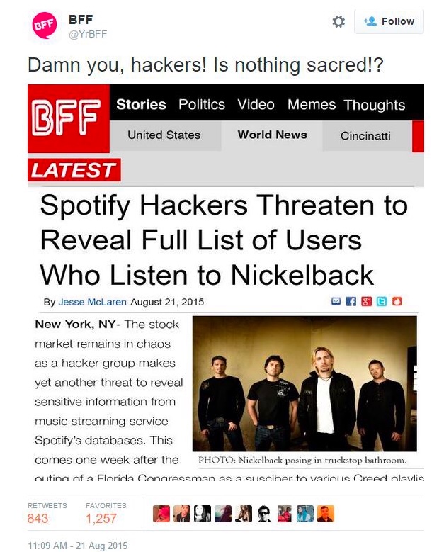 Chaotic Meh meme titled “Spotify Hackers Threaten Nickelback List.”
