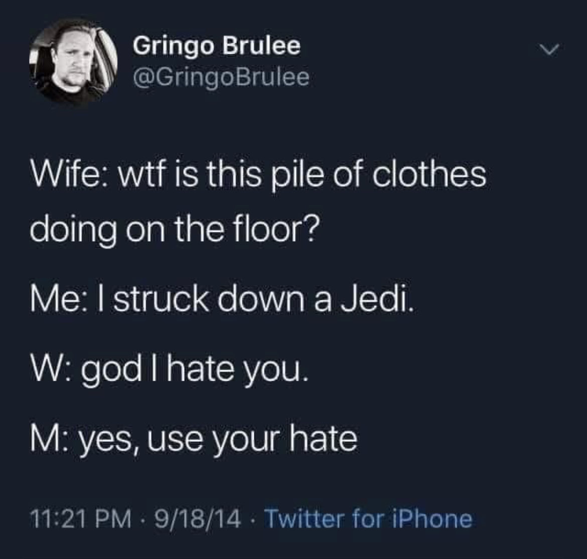 Chaotic Meh meme titled “I Struck Down a Jedi – Yes Use Your Hate.”
