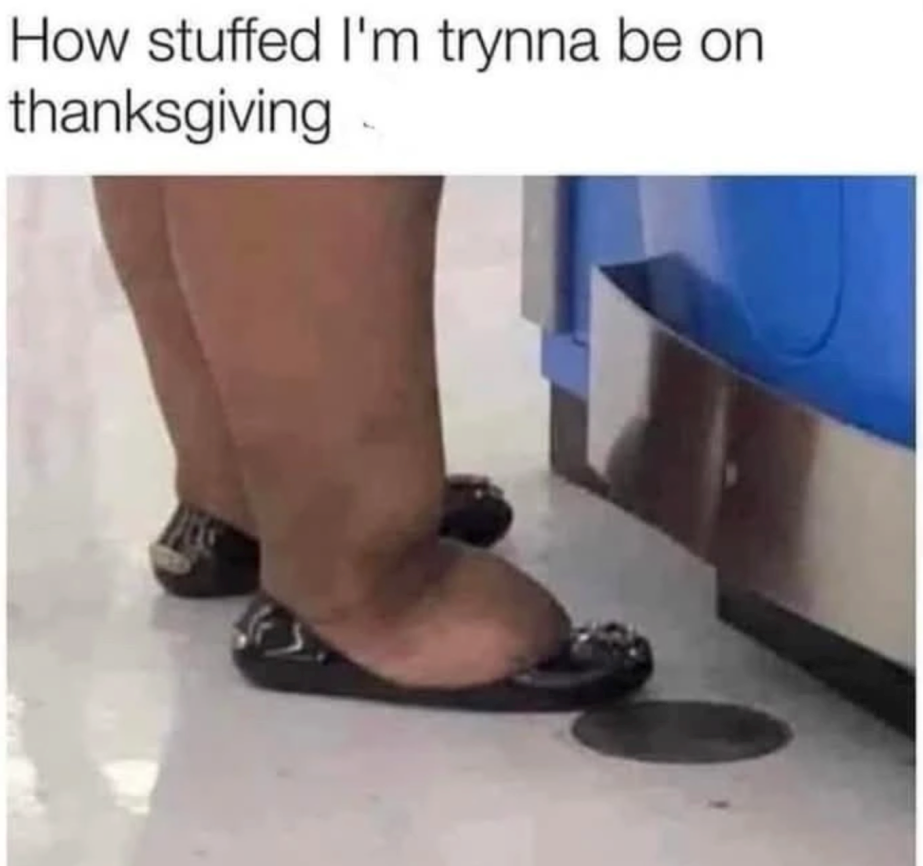 Chaotic Meh meme titled “How Stuffed I’m Trynna Be on Thanksgiving.”