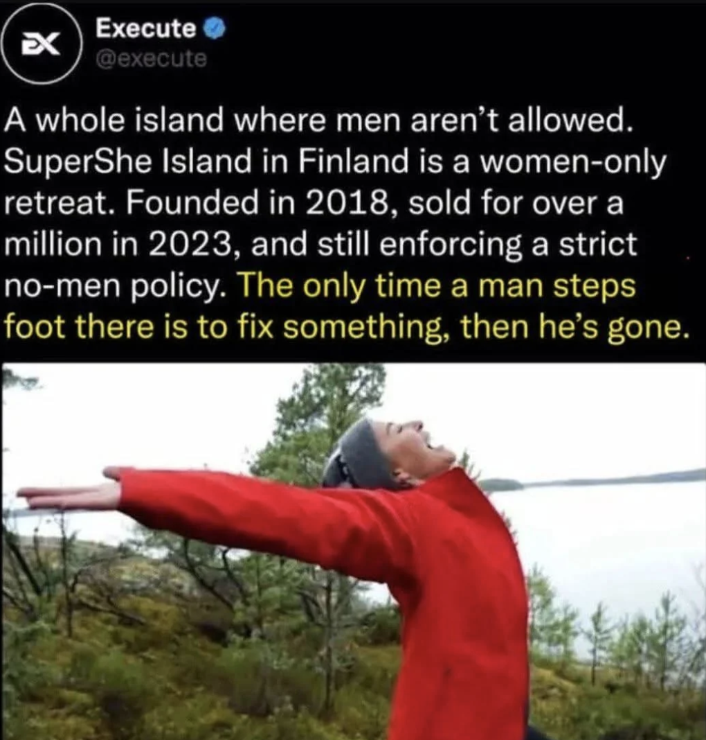 Chaotic Meh meme titled “SuperShe Island No Men Allowed.”