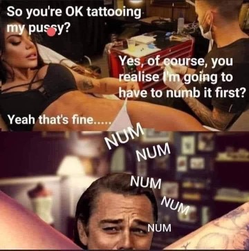 Chaotic Meh meme titled “So You’re OK Tattooing My Pussy.”