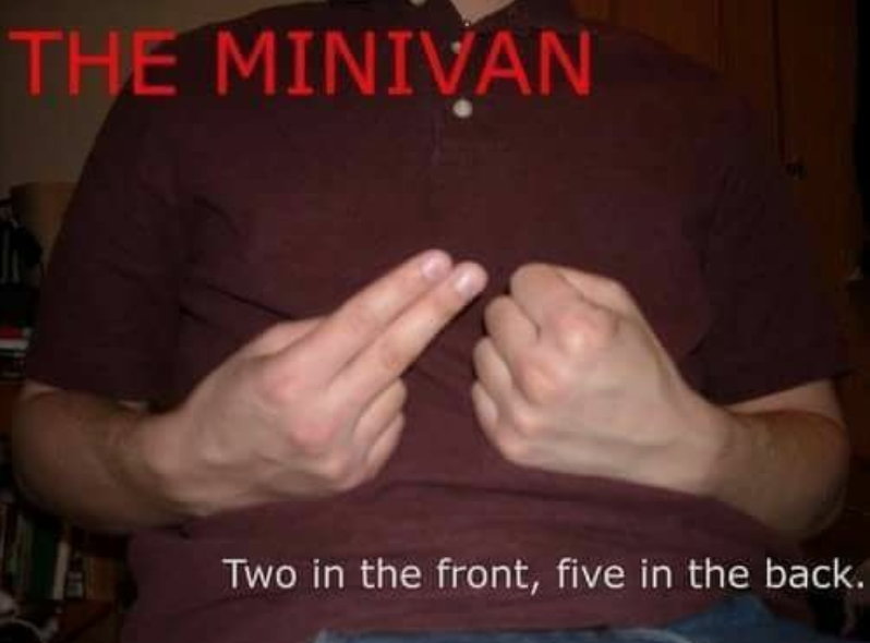Chaotic Meh meme titled “The Minivan – Two in the Front, Five in the Back.”