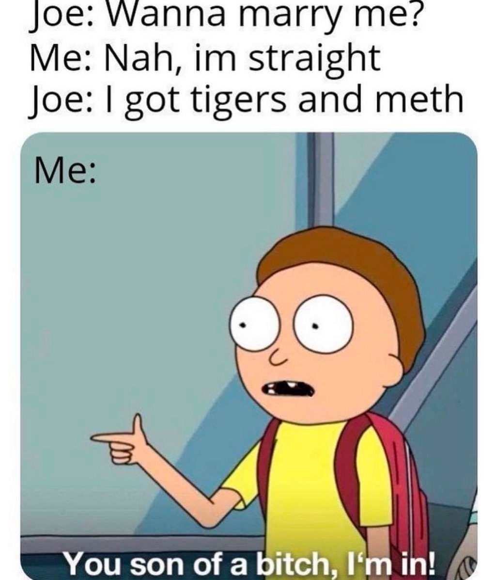 Chaotic Meh meme titled “Tigers and Meth I’m In.”