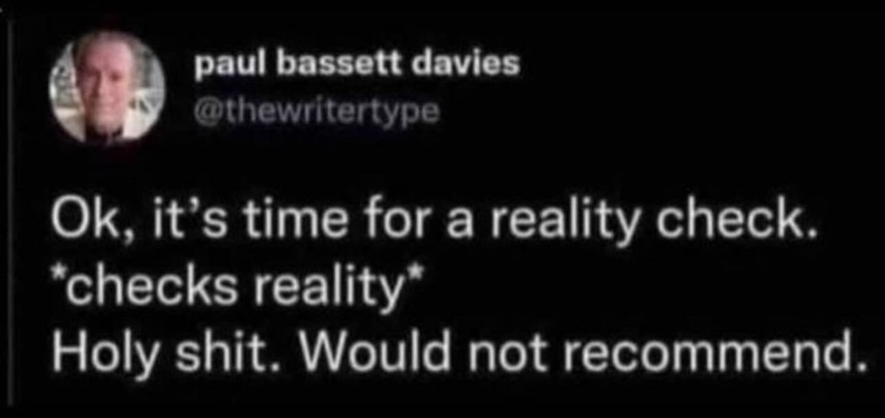 Chaotic Meh meme titled “Time for a Reality Check – Would Not Recommend.”
