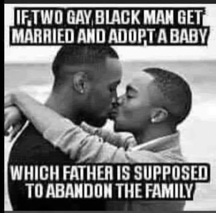 Chaotic Meh meme titled “If Two Gay Black Men Get Married and Adopt a Baby.”